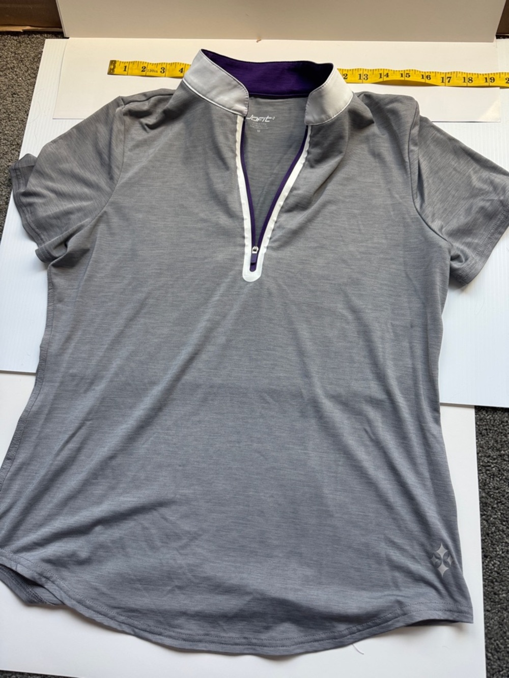 Jofit Gray Short Sleeve Button-Down Golf Polo with Purple Trim